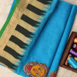 Azure blue Kalamkari saree